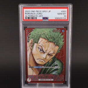 PSA-graded One Piece card featuring Zoro in a protective case.