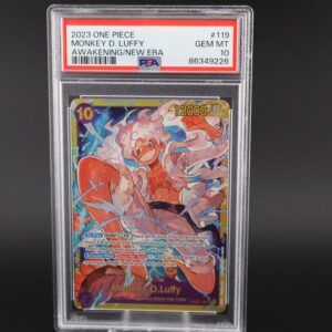A graded 2022 One Piece card featuring Luffy Gear 5 in a protective case.