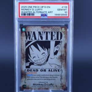 A graded Monkey D. Luffy One Piece trading card with a wanted poster design.