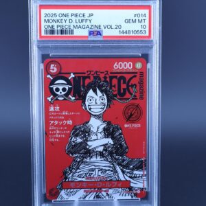 A graded One Piece trading card featuring Luffy with a red background.