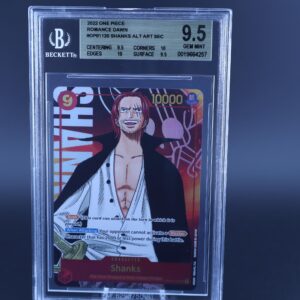 A graded anime trading card featuring a character in a white jacket and red background.