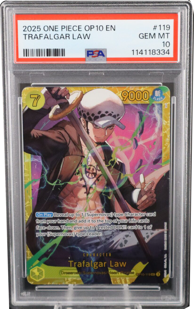 Graded Trafalgar Law anime card with vibrant colors and signature.